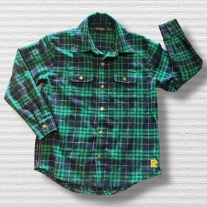 Rock Your Kid Boys Green Navy Plaid Flannel Shirt Sz 7 “Come As You Are”  Snaps